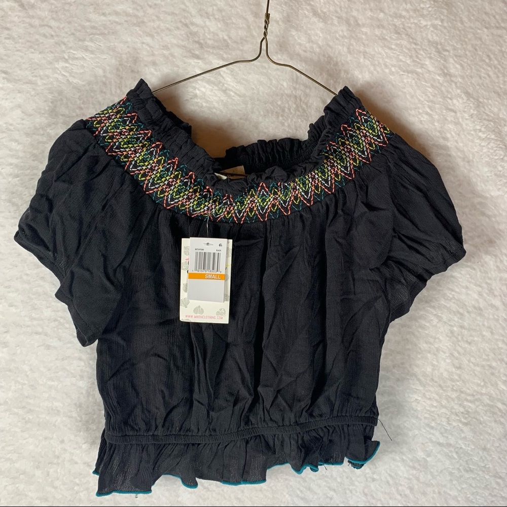 Miken Womens Swim Cover Up Crop Top Black Off Shoulder Smocked Embroidered S New